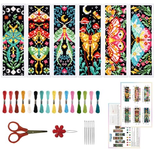 ORIGACH 6 Pcs Cross Stitch Bookmark Kit for Beginner Adults, Vivid Moths Stamped Embroidery Bookmark Kit with Instruction for Starters Printed Cross Stitch DIY Kits for Book Lovers
