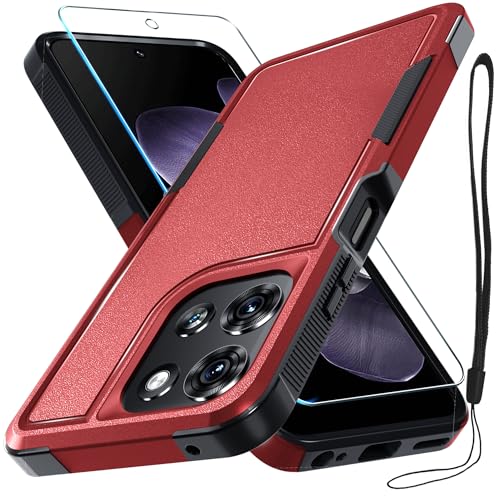 RMOCR for Moto G 5G 2025 Case, Full Body Heavy Duty Rugged Shockproof Protective Phone Cover with Lanyard Strap, Tempered Glass Screen Protector, Red
