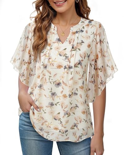 VALOLIA Womens Blouses Dressy Casual V Neck Chiffon Ruffle Short Sleeve Shirts Double Layers Tops3