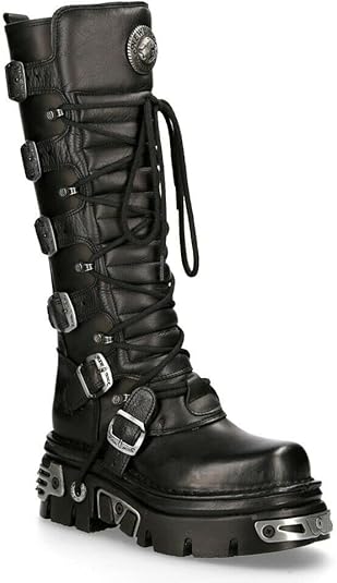 New Rock Women's 272-S1 Metallic Black Leather Gothic Emo Knee High Boots with Lace and Buckle Fastening