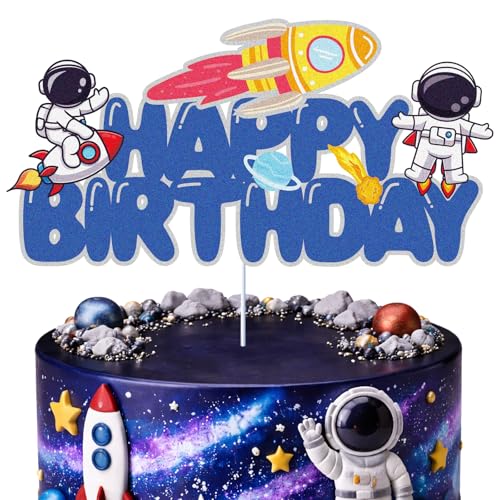 Outer Space Happy Birthday Cake Topper Blue Glitter Cake Decorations Spaceship Aliens Astronaut Rocket Solar System Planet Galaxy Boys Girls Kids Themed Birthday Outer Space Party Supplies
