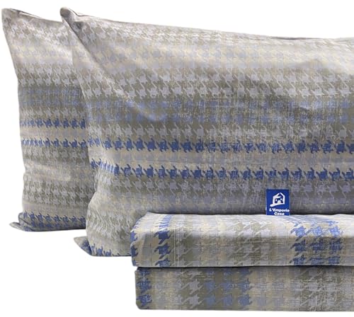 L'Emporio Casa Juego de sábanas completo de percal de algodón 100% italiano para cama de matrimonio, tejido con efecto seda (Persy azul)