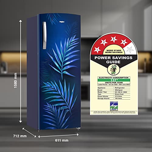 Image of Whirlpool 274 L 4 Star Inverter Direct-Cool Single Door Refrigerator (305 IMPRO PLUS PRM 4S INV BLUE PALM-Z, Blue Palm, Auto Defrost Technology, 2023 Model)