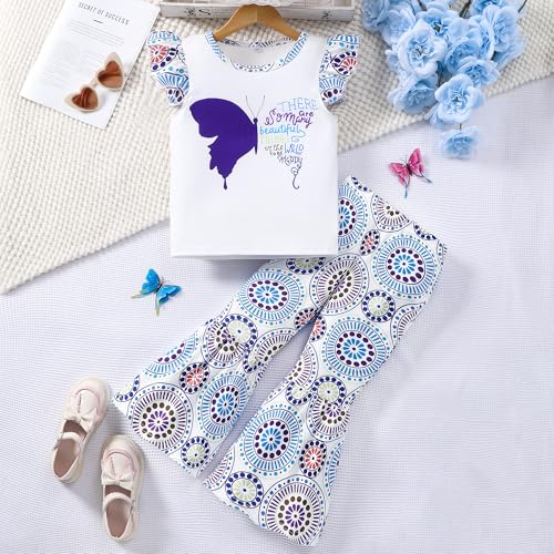 Image of Girl 2pcs set with ruffle sleeves top flared pants spring summer short sleeves 4-12Y