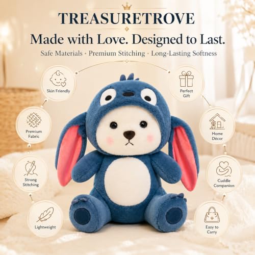 Image of Soft Stuffed Animal,Hoodie Bear Teddy Plush Toy Removable Cap with Long Ears for Birthdays Special Occasions Boys, Girls, & Kids Navy Blue, 28 cm