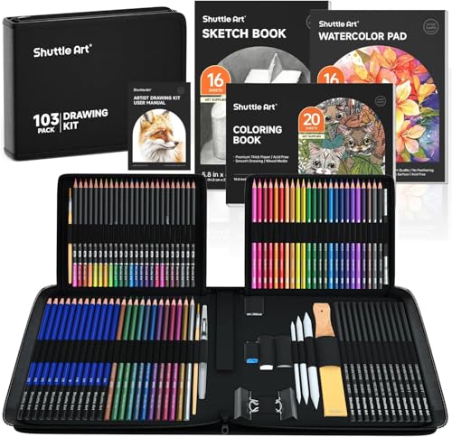 Shuttle Art Kit Dessin Professionnel 103PCS, Inclus Crayon Dessin, Croquis, Crayon Graphite, Fusain, Crayon Aquarelle, Carnet, Art Supplies pour Artistes Débutants