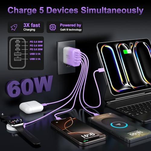 Image of USB C Fast Wall Charger Block, 2Pack 60W USBC Charging Cubes, 5-Port PD+QC Power Adapter Multiport Brick Type C Box Plug for Phone 17 /16 /15 /14 /13 /12 /11 /Pro Max /Plus, Pad Mini /Pro /S25 /S24