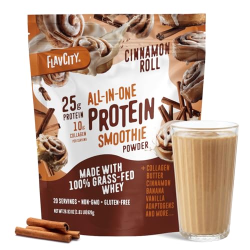 Image of FlavCity All in One Protein Shake Powder, Cinnamon Roll - On the Go Meal Alternative + Collagen Peptides, Reishi & Cordyceps - Focus, Skin, Hair & Joint Support - 100% Grass Fed Whey, 20 Servings