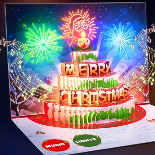 Biglietti di Natale con buste, biglietto di Natale con torta pop-up, luci e gioco ti auguro una musica di buon Natale, biglietto di Natale pop-up, biglietti di Natale 2024, biglietti di Natale 3D per