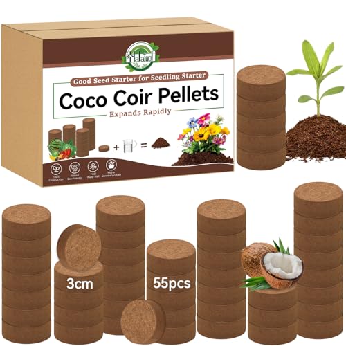 Halatool 55 Pcs 30mm Organic Coconut Coir Pellets Soil for Seed Starter, Compressed Coco Coir...