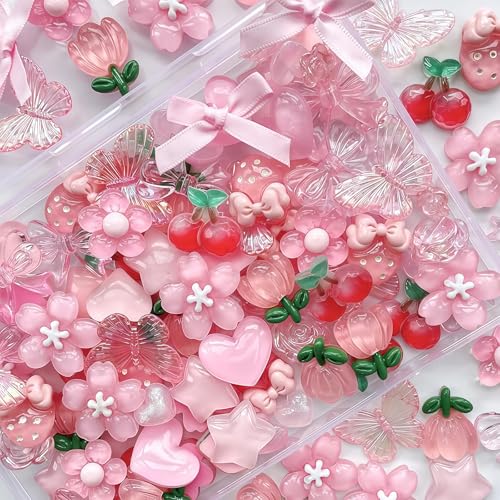 AstraGlam 60 Pièces Set de Charms pour Slime et Coque de Téléphone, Ensemble Mignon de Charms 3D Rose, Accessoires pour Bijoux DIY