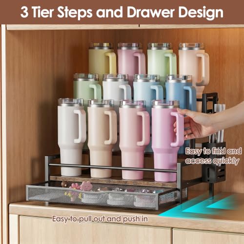 Image of Water Bottle Organizer for Full 40 oz Stanley with Handle, Black | 3 Tier Stanley Cup Organizer, 12 Bottles Capacity, Rustic Countertop Display Shelf, For Coffee Bar, Cabinet, Countertop