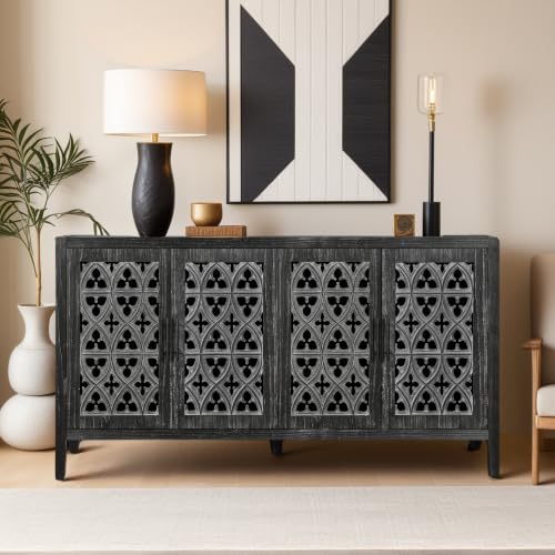 Image of Black Farmhouse Buffet Sideboard Cabinet with Carved Doors, Vintage Accent Storage Cabinet for Dining Room, Living Room, Entryway & Coffee Bar