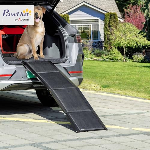 PawHut Hunderampe klappbar Hundetreppe Auto & SUV rutschfest Einstiegshilfe für Kofferraum, 158x43,5cm, Hundeautorampe für große Hunde bis 40 kg Schwarz