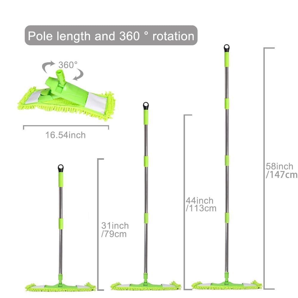 Trapeador de polvo para limpieza de suelos con 2 almohadillas de felpilla lavables y mango extensible de 55 pulgadas de largo, mopa plana seca y húmeda con estropajo para madera dura, laminado,