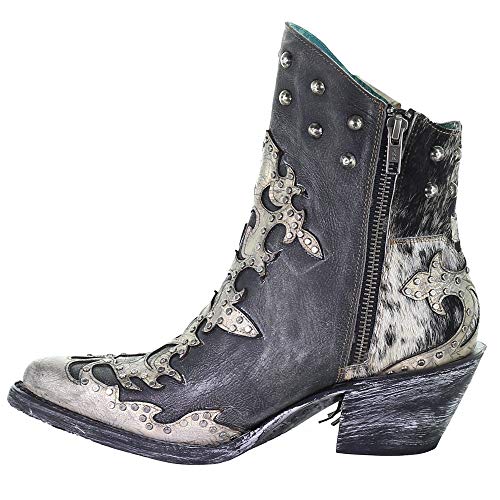 Corral Boots Womens Metallic Overlay Studded Fringe Pointed Toe Casual Boots Ankle Low Heel 1-2" - Black4