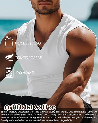 Ficerd 3 Pack Men's Big and Tall Workout Tank Tops, Cotton V Neck Sleeveless Gym Muscle T-Shirts Athletic Tee Summer Vest Top3