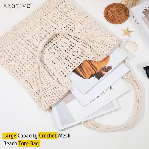 Image of XZQTIVE Crochet Tote Bag for Women Mesh Beach bag for Summer Vacation Aesthetic Hobo Knit Shoulder Bag