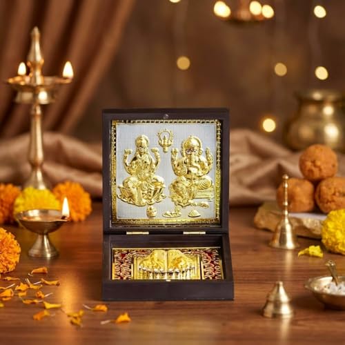 Image of Pocket Temple for Wedding Gift, Housewarming Gift & Pooja Room Decor | Gold Plated Photo Frame with Charan Paduka - 4.5 Inch (Laxmi Ganesh Brown)