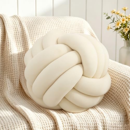 Knot Pillow Ball Soft Plush Decorative Throw Pillow Handmade Round Knotted Cushion for Sofa Couch & Bedroom Cute Home Decor Pillow (7.87 Inches Ivory)