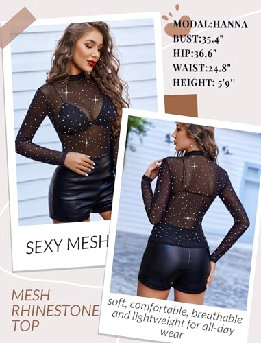 Avidlove Mesh Top Women Rhinestone Sheer Tops for Women Long Sleeve See Through Shirt Mock Neck Tee Blouses S-XXL3