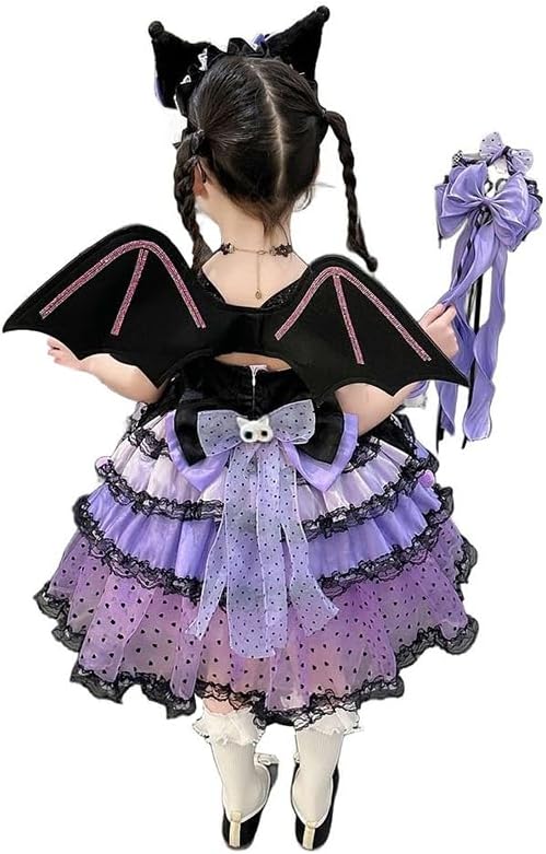 Halloween Girls Gothic Lolita Princess Dress Purple and Black Lace Skirt with Wings and Headband for Kids - Image 4