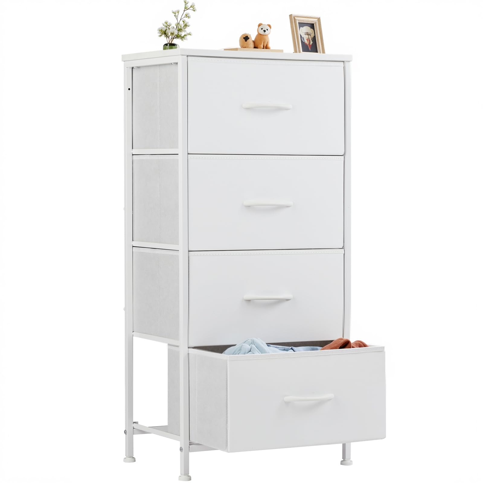 Sweetcrispy Nightstand Small Bedroom Dresser with 4 Fabric Drawers, Bed Side Furniture End Table, Wooden Top Cabinet Night Stand Dresser for Closet,