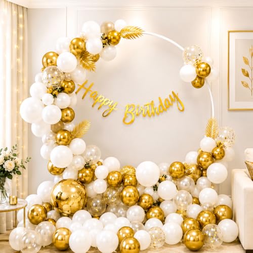 Image of Just Party Birthday Decoration Kit, Gold & White - Pack of 58 | Super Shinny Balloons for Birthday Decoration | Birthday Balloons for Kids & Adults | Happy Birthday Cursive Bunting | Confetti Balloons