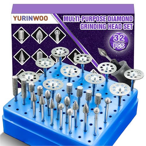 120Grit Diamond Grinding Bit Set for Dremel, Rotary Tool Grinding Cutting Wheel 1/8” Shank for Stone Glass Tile Jewelry Engraving Rock Etching Carving Metal Wood - 32Pcs