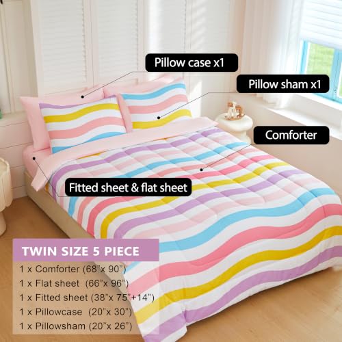 Image of Twin Bedding Set for Girls 5 Piece Pink Macaron Wavy Comforter Set for Girls Super Soft Microfiber Bed Set Bed in a Bag with Comforter Sheets Pillowcase & Sham (5 Piece Twin Size)