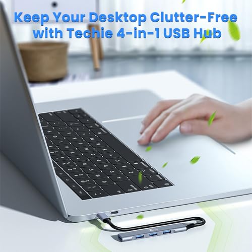 Image of Techie Type-C 4-Port Hub with 1x USB 3.0 5Gbps and 3x USB 2.0 Ports Aluminum Alloy for Laptops, Desktops, MacBook, iPad Pro, Windows and Tablets (Silver)