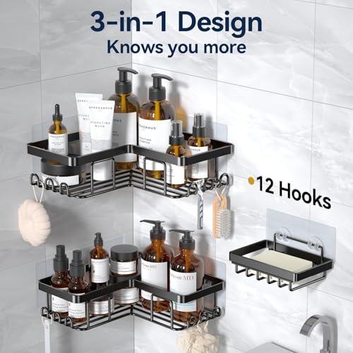 Image of Self Adhesive Bathroom Shelf Combo Pack of 3 | No Drill Metal Bathroom Organizer | Rust-Proof Wall Mounted Shelves with Soap Holder | Adhesive Multipurpose Storage Rack for Bathroom & Kitchen