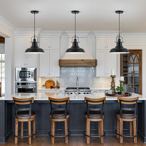 Image of Zlepmlla Famrhouse Pendant Light, Black Pendant Light Fixture with Metal Dome Shade, Adjustable Height Hanging Light for Kitchen Island, Living Room, Bedroom