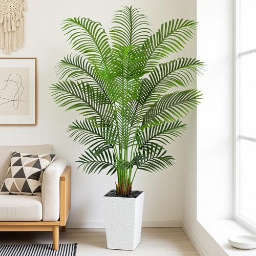 Image of 6ft Artificial Palm Tree with White Planter - Tall Fake Palm Tree Indoor Fake Tropical Plant for Home Office Living Room Bedroom Modern Decor
