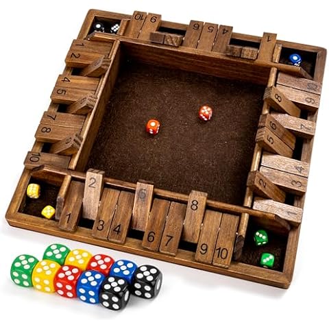 ropoda 14 Inches 4-Way Shut The Box Game (2-4 Players) for Kids & Adults (4 Sided Large Shut The Board Game Wooden, 8 Dice) Shut The Box– Vintage Style,Close The Box Game,dice Game Cover