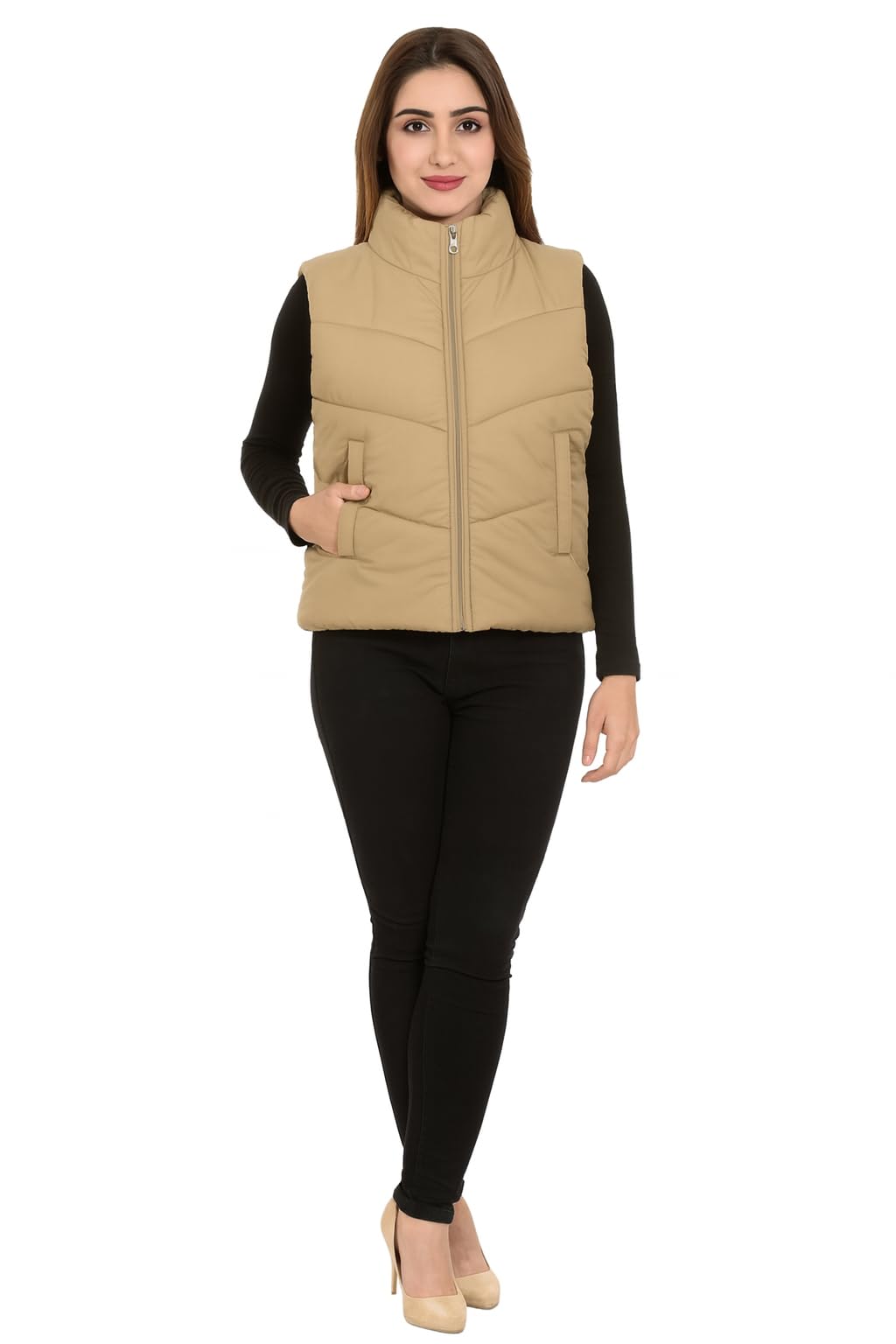 Women's Quilted Puffer Vest, Sage Green, Sleeveless Jacket with Pockets, Zip Front