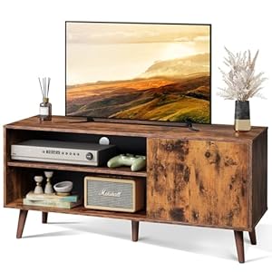 WLIVE TV Stand for 55 Inch TVs, Entertainment Center with Storage Cabinet, Mid-Century TV Stands for Living Room and Bedroom, 50″ TV Console, Brown