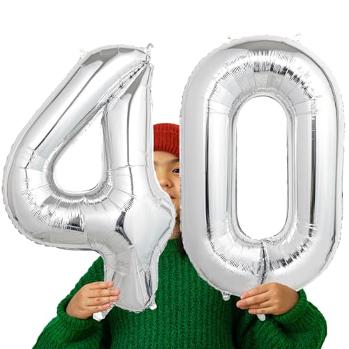 Image of Number Balloons Silver Party Balloon - Giant Number 40 Balloon, 40 Inch Large Balloon for 40th Birthday Decorations, Silver Party Supplies for Anniversary