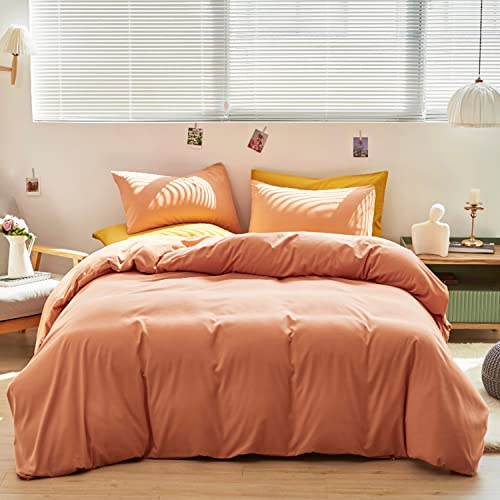 Luxlovery Pfirsich-Bettbezug-Set Queen Peach Orange Bettwäsche Bettbezug Set Voll Koralle Rosa Modern Solid Bettbezug Weich Atmungsaktiv Langlebig 3-teiliges Bettwäscheset Cover