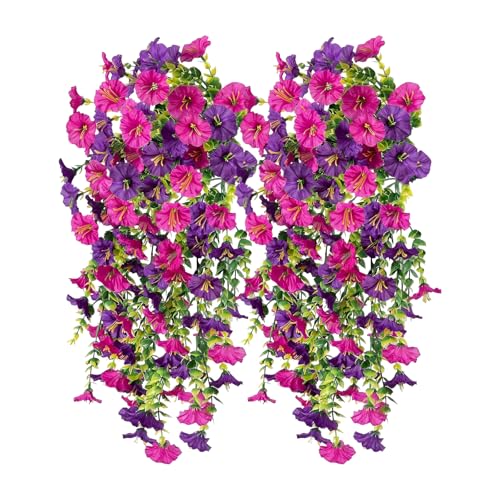 JINXIAN Morning Glory Lot de 4 plantes suspendues artificielles 75 cm en plastique Fleurs artificielles d'extérieur résistantes aux intempéries pour mur,...