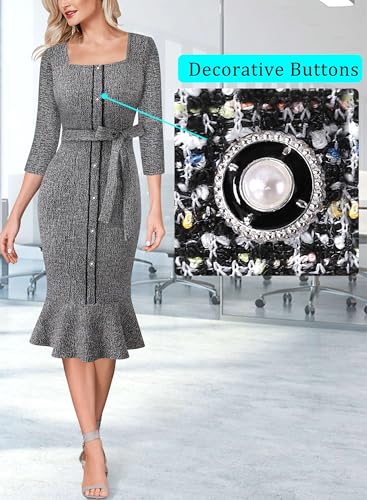 VFSHOW Womens Business Square Neck Button Belted Colorblock Patchwork Office Work Slim Sheath Mermaid Dress2