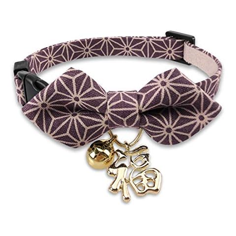 PetSoKoo Unique Diamond Shape Bowtie Cat Collar With Japan Lucky '' Charm.Astringent Hemp Leaf Print.Safety Breakaway,Soft,Durable Cover
