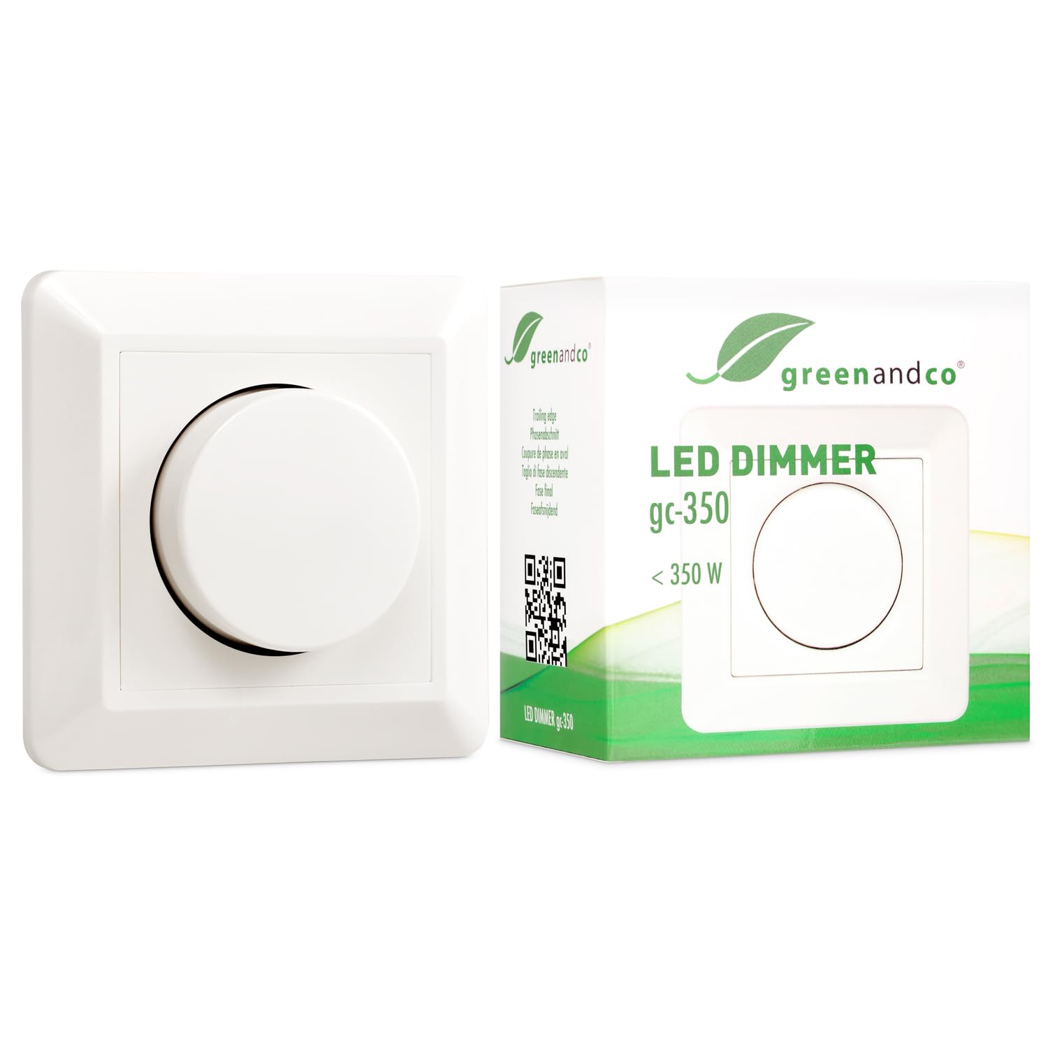 greenandco gc-350 regulador de intensidad LED giratorio | 1-350 W | también adecuado para circuitos con conmutador | función de disparo programable | empotrable | blanco