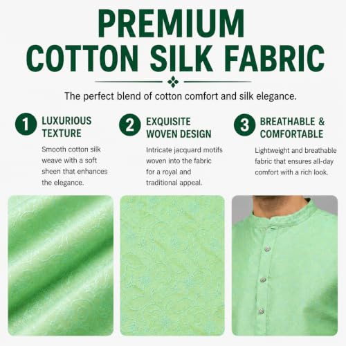 Image of LATEST CHIKAN Men's Silk Chikankari Kurta with Cream Churidar | Festive Set - KP Silk BANARSI