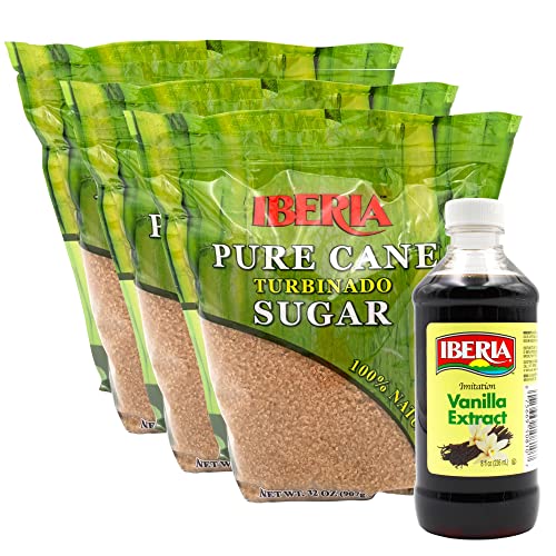 Iberia Pure Cane Raw Turbinado Sugar 2 lb. (Pack of 3) + Iberia Imitation Vanilla Extract, 8 Fl Oz