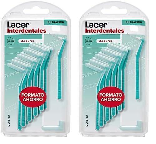 INTERPROXIMAL - Cepillo Interdental Angular Extrafino 10 Unidades, Mango Angulado, Máxima Eficacia, Filamentos Tynex, Cerdas Extrafinas, Previene y Elimina la Placa Bacteriana (Paquete de 2)