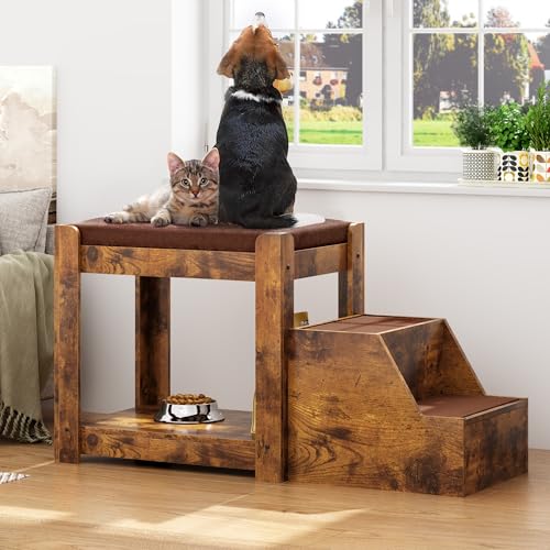 SogesPet Dog Window Perch with Stairs Large Dog Window Seat for Home with Non-Slip Removable Soft Pads Indoor Dog Perch to Look Out Window Pet Window Perch for Dogs with Steps Rustic Brown