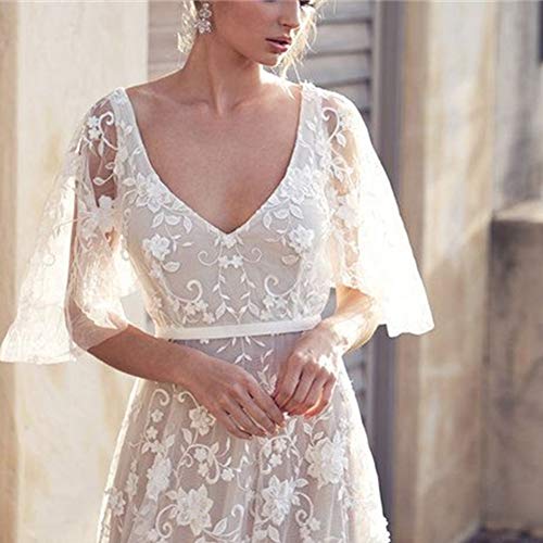 DAYISS Women\'s Bohemian Wedding Dresses Lace Bridal Gown Backless Short Sleeve V Neck Beach Wedding Gowns Party Dress (White, 3XL)