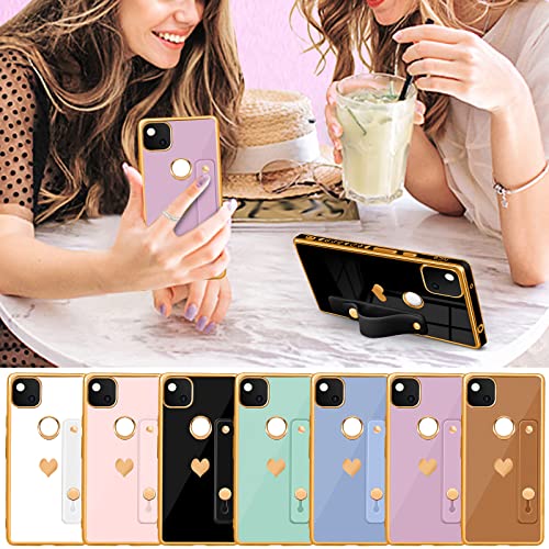 Likiyami (3In1 For Google Pixel 4A Case Heart For Women Girls Girly Cute Luxury Pretty Aesthetic With Stand Phone Cases Purple And Gold Plating Love Hearts Cover+Screen+Chain For Google Pixel 4A 5.8" #TOP3