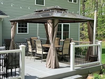 Domi Outdoor Living 12’ x 16’ Hardtop Gazebo, Outdoor Aluminum Frame Canopy with Polycarbonate Double Roof, Outdoor Permanent Metal Pavilion with Curtains and Netting for Patio, Backyard and Lawn